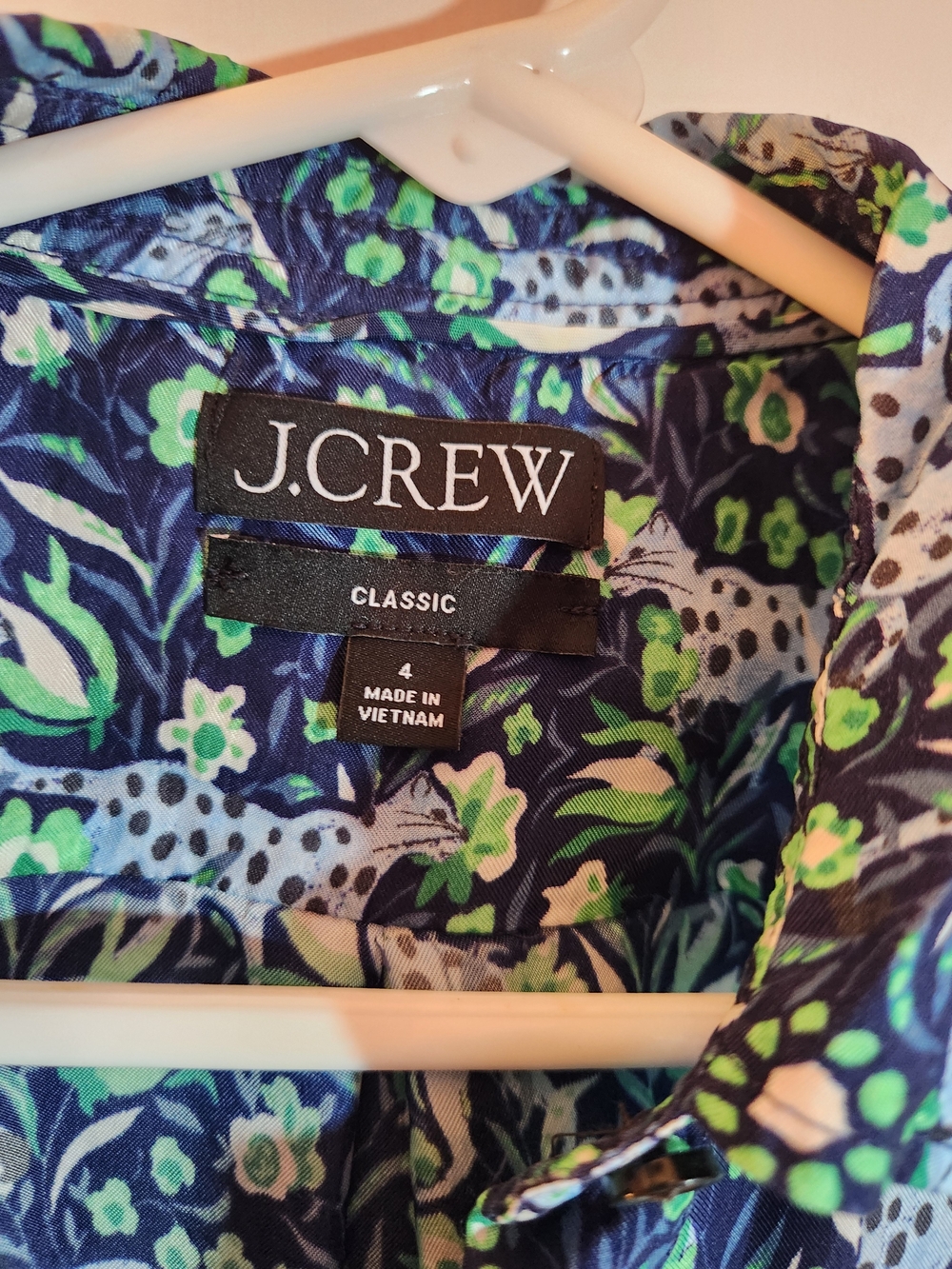 J. Crew Navy Button-Down Shirt with Green and Light Blue Cheetah Floral Print - Picture 2 of 6